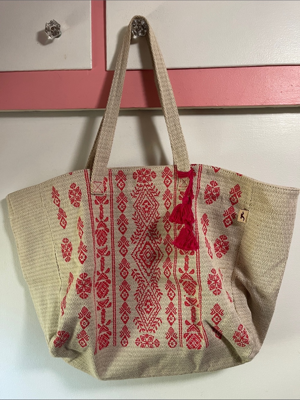 Hollister Boho Embroidered Beach Tote Bag - Red on Natural